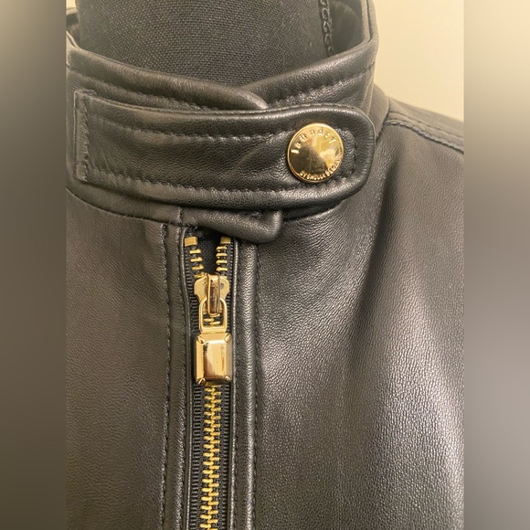 Leather moto jacket by Laundry Shelli Segal. Gold tone snaps & zippers. - Picture 5 of 7